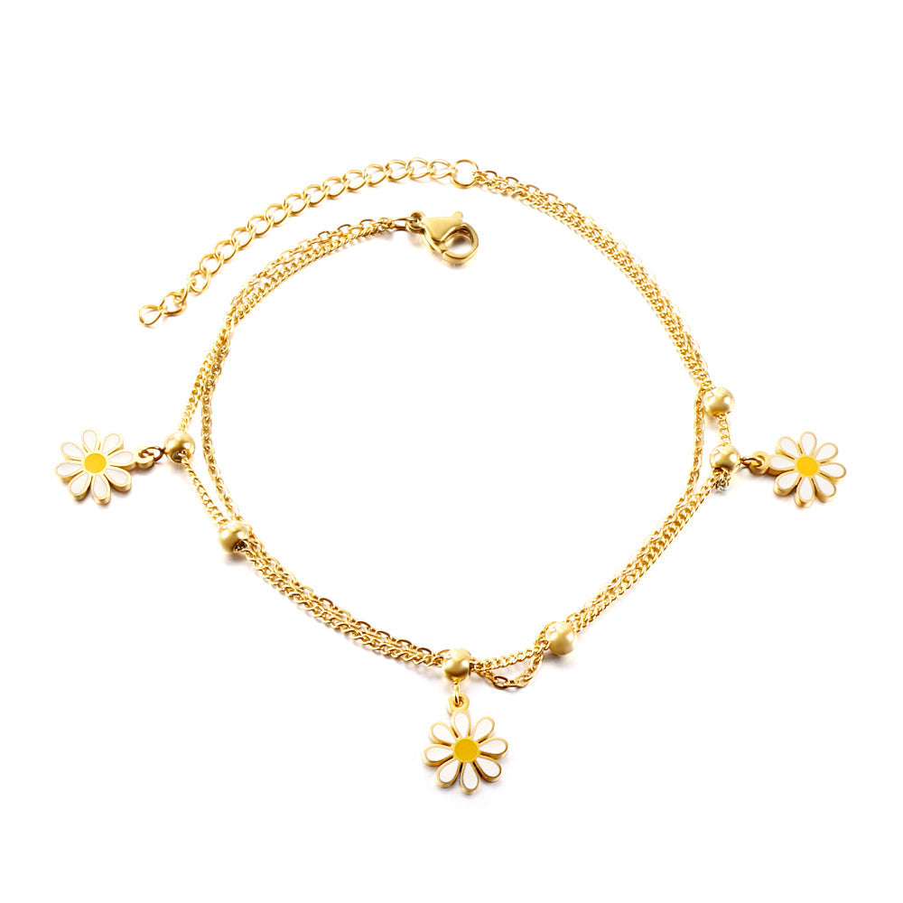 3 small Zouju 6 steel beads with chain + with chain double anklet 21 + 5cm steel color gold asonjewelry